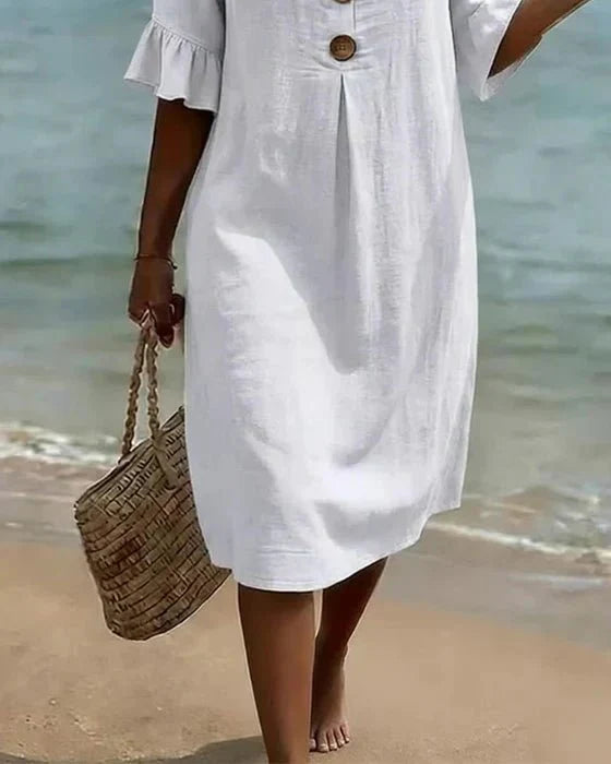 Linen midi dress button-front relaxed fit for women