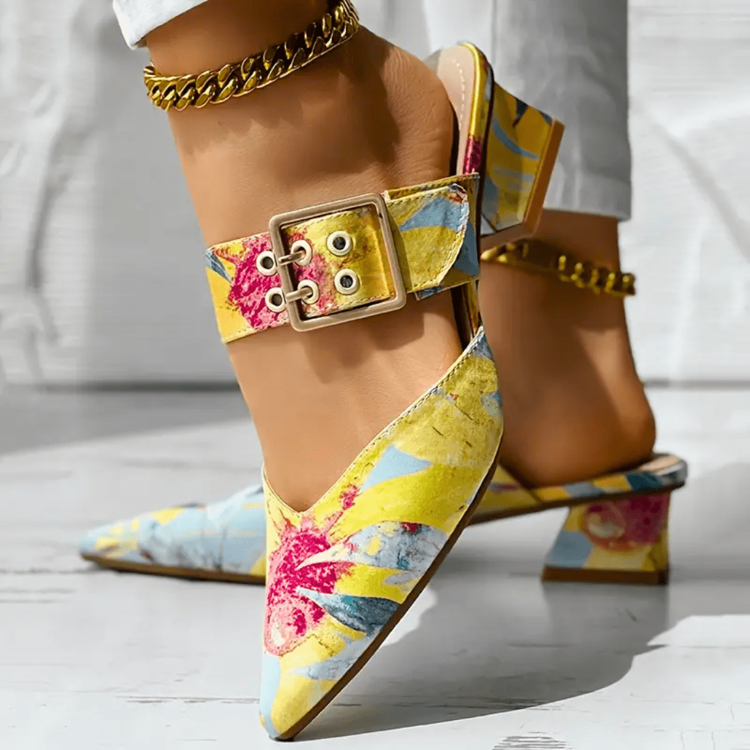 Block Heel Court Shoes with Floral Print and Ankle Strap for Women