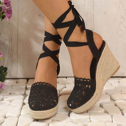 Crochet Wedge Sandals Open Toe Strappy Heeled Sandals for Women