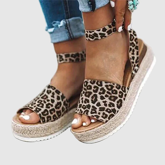 Leopard Print Flat Sandals with Ankle Strap Detail for Women
