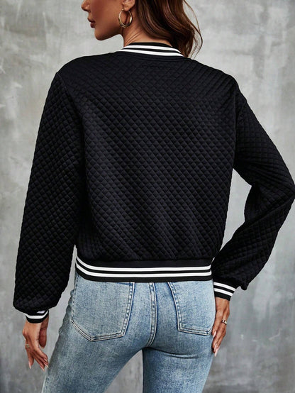 Ribbed Cropped Bomber Jacket with Long Sleeve for Women