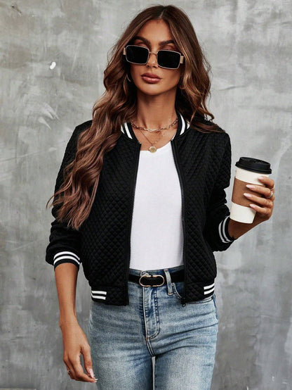 Ribbed Cropped Bomber Jacket with Long Sleeve for Women