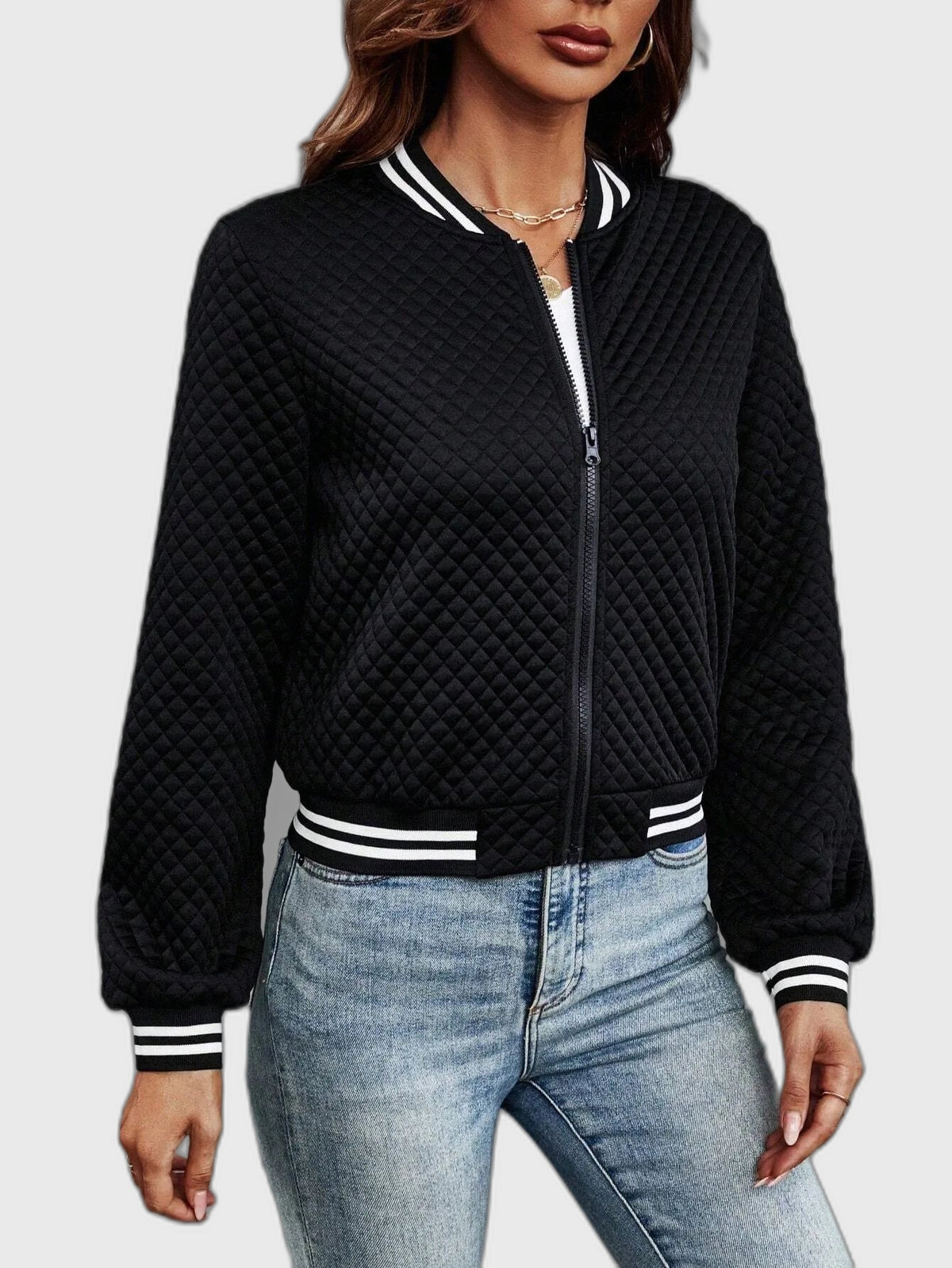 Ribbed Cropped Bomber Jacket with Long Sleeve for Women