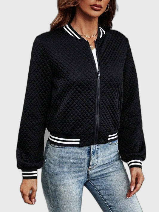 Ribbed Cropped Bomber Jacket with Long Sleeve for Women