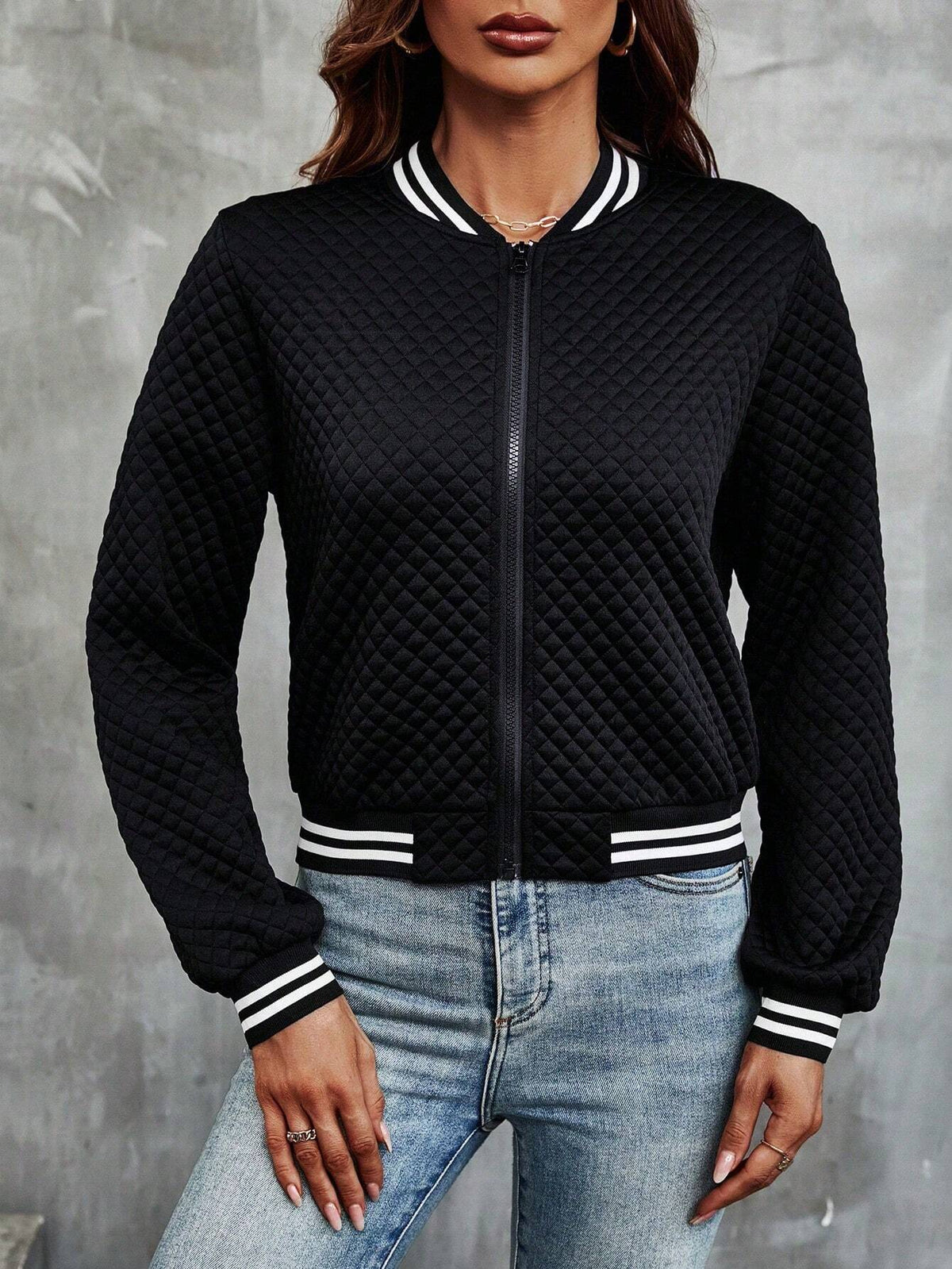 Ribbed Cropped Bomber Jacket with Long Sleeve for Women