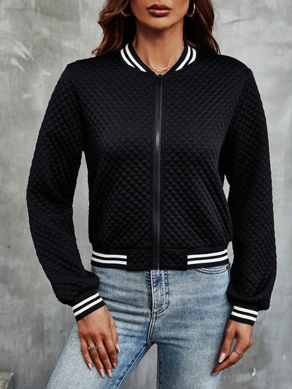 Ribbed Cropped Bomber Jacket with Long Sleeve for Women