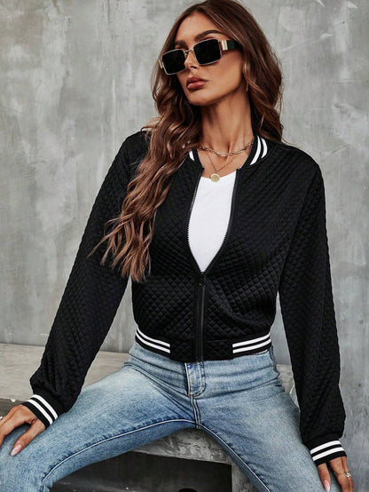 Ribbed Cropped Bomber Jacket with Long Sleeve for Women