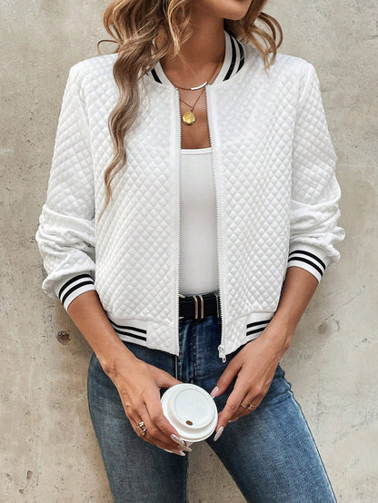 Ribbed Cropped Bomber Jacket with Long Sleeve for Women