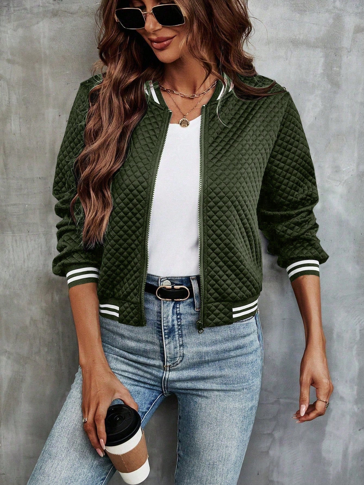 Ribbed Cropped Bomber Jacket with Long Sleeve for Women