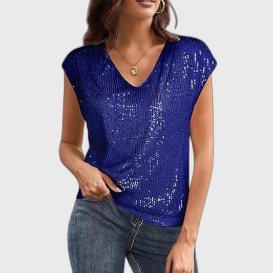 Sequin Relaxed Fit V-Neck Top with Cap Sleeve for Women
