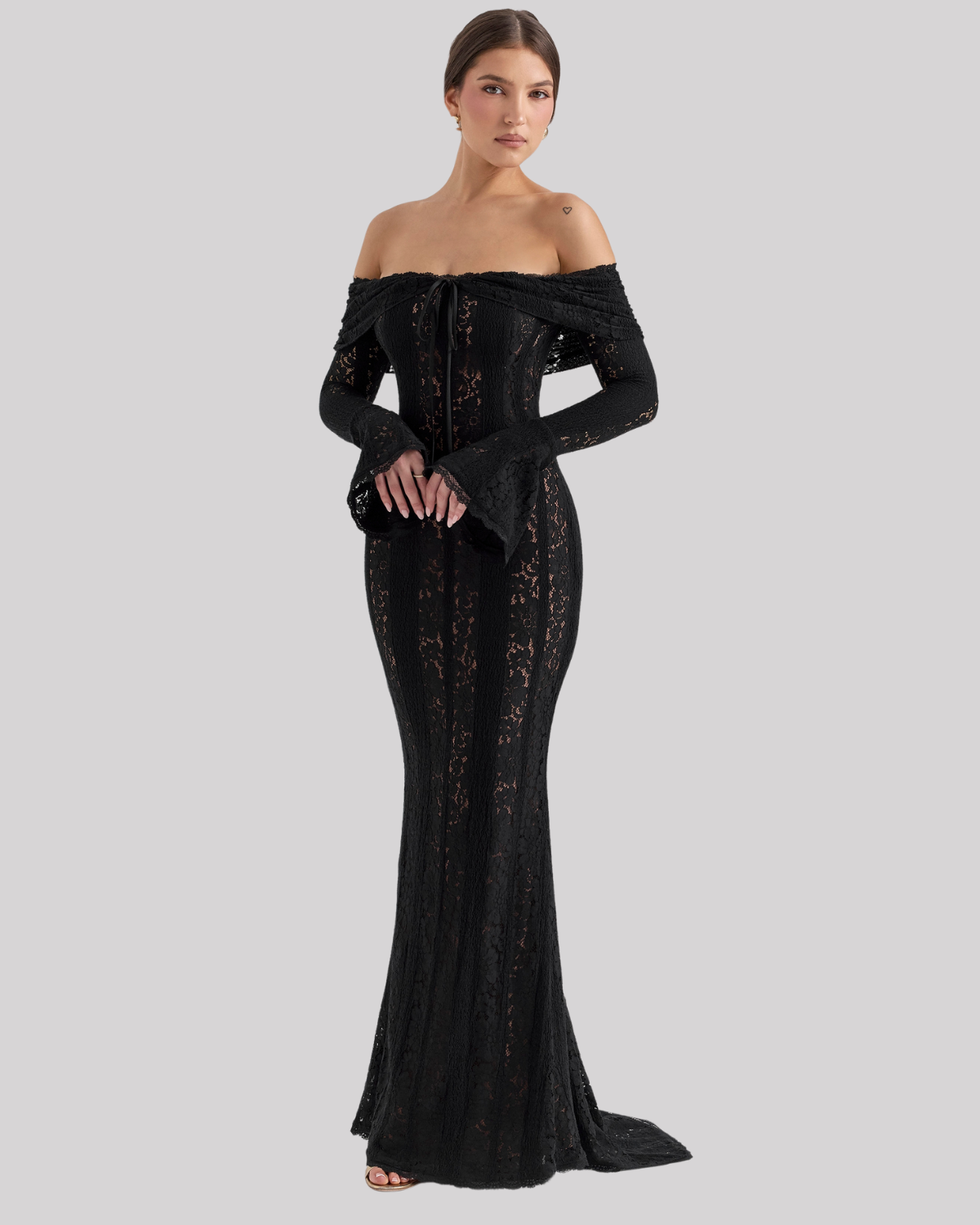 Lace Fitted Full-Length Maxi Dress with Off-Shoulder for Women