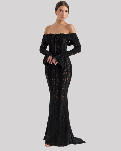 Lace Fitted Full-Length Maxi Dress with Off-Shoulder for Women