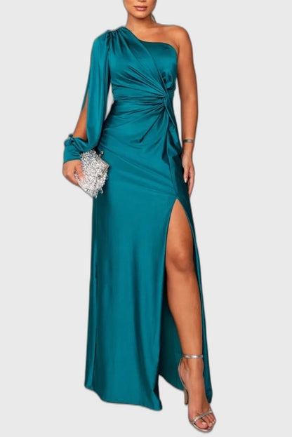 Satin Fitted One-Shoulder Maxi Dress for Women