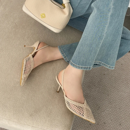 Beige Kitten Heel Slingbacks with Pointed Toe for Women
