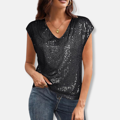 Sequin Relaxed Fit V-Neck Top with Cap Sleeve for Women