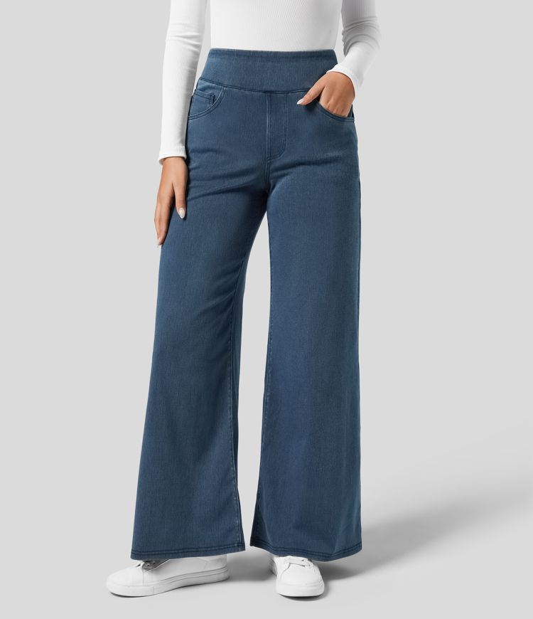 Wide Leg Trousers High Waisted Elasticated Waistband for Women