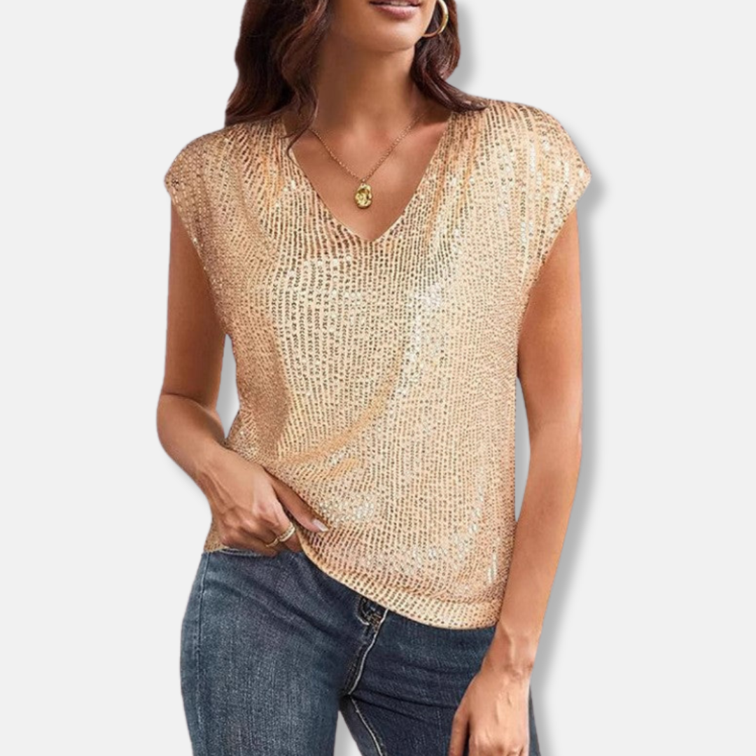Sequin Relaxed Fit V-Neck Top with Cap Sleeve for Women