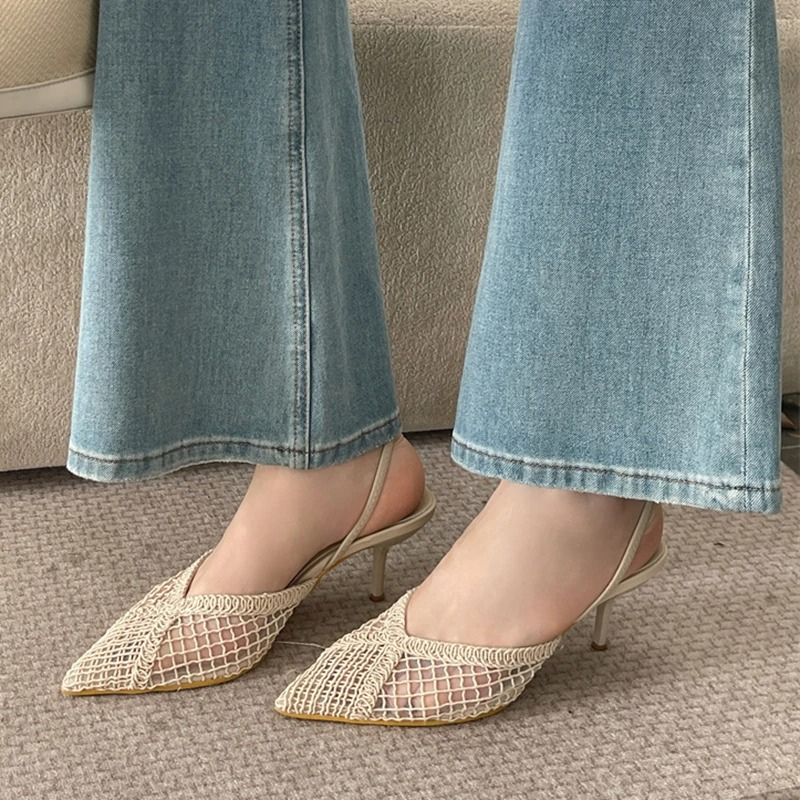 Beige Kitten Heel Slingbacks with Pointed Toe for Women
