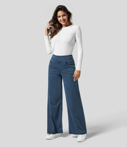 Wide Leg Trousers High Waisted Elasticated Waistband for Women