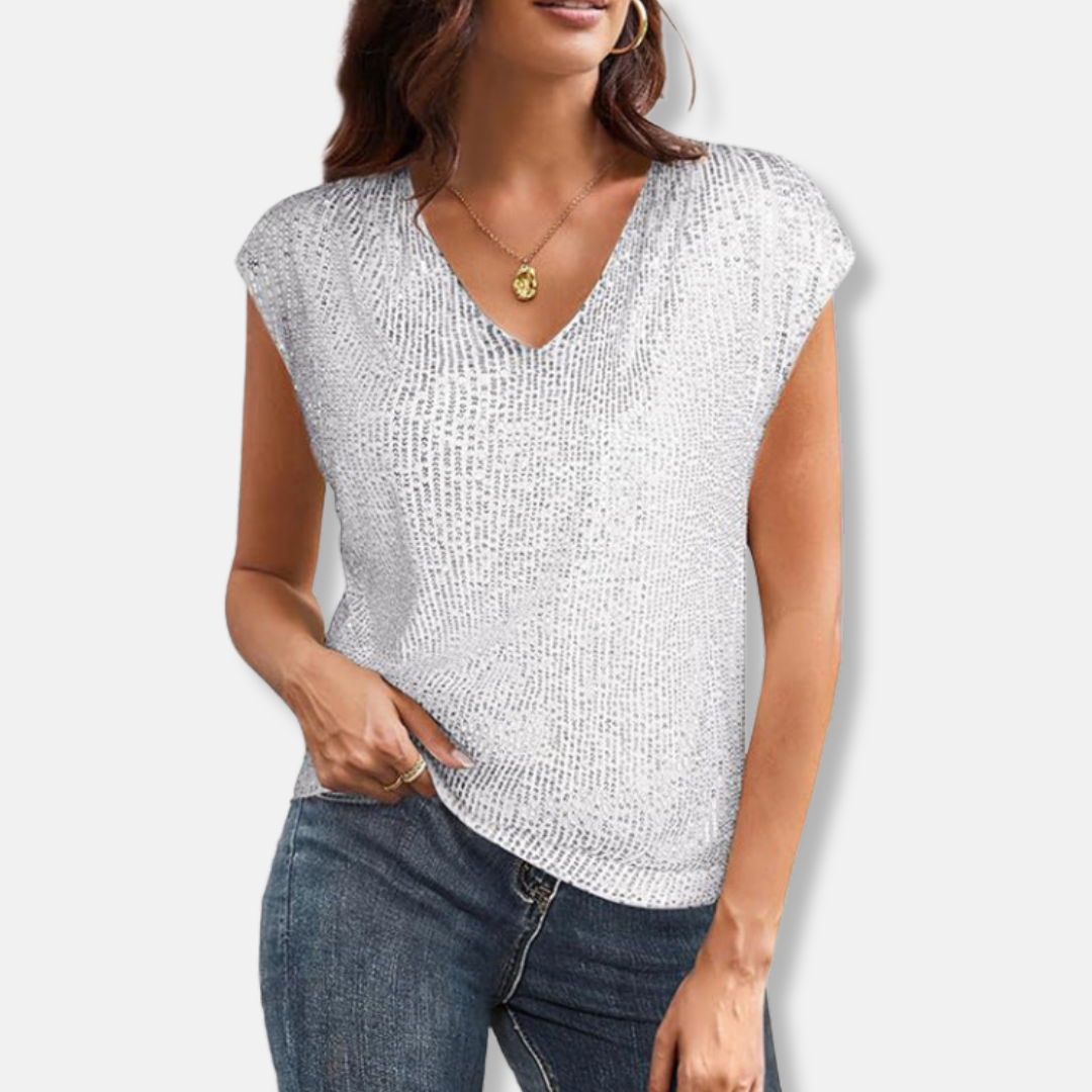 Sequin Relaxed Fit V-Neck Top with Cap Sleeve for Women