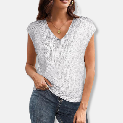 Sequin Relaxed Fit V-Neck Top with Cap Sleeve for Women