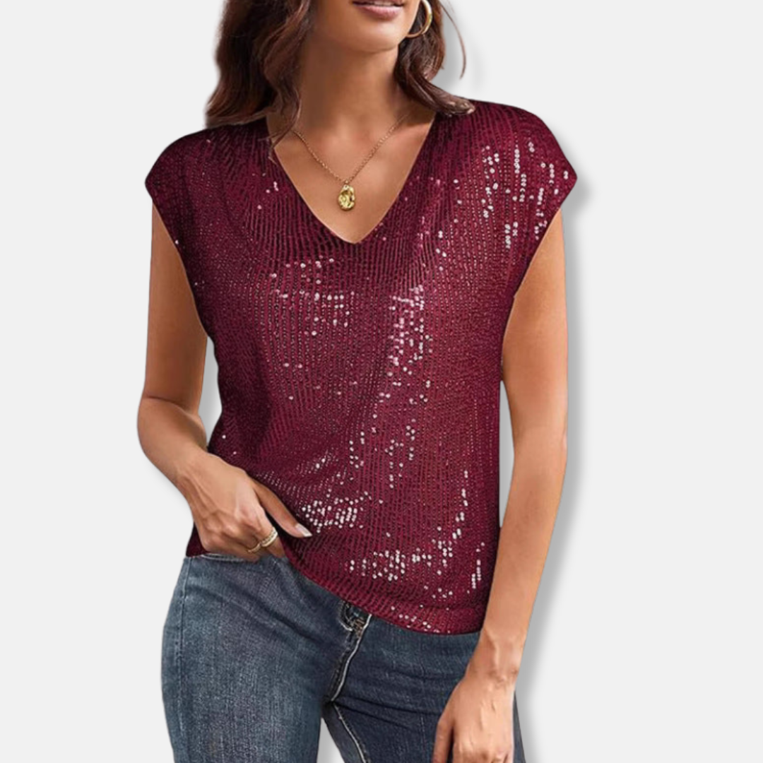 Sequin Relaxed Fit V-Neck Top with Cap Sleeve for Women