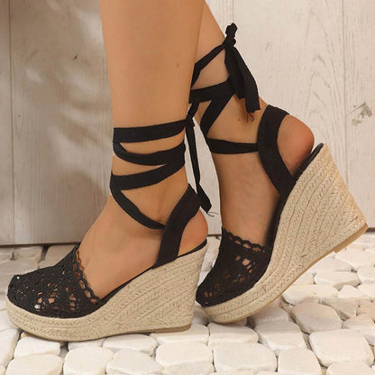 Crochet Wedge Sandals Open Toe Strappy Heeled Sandals for Women