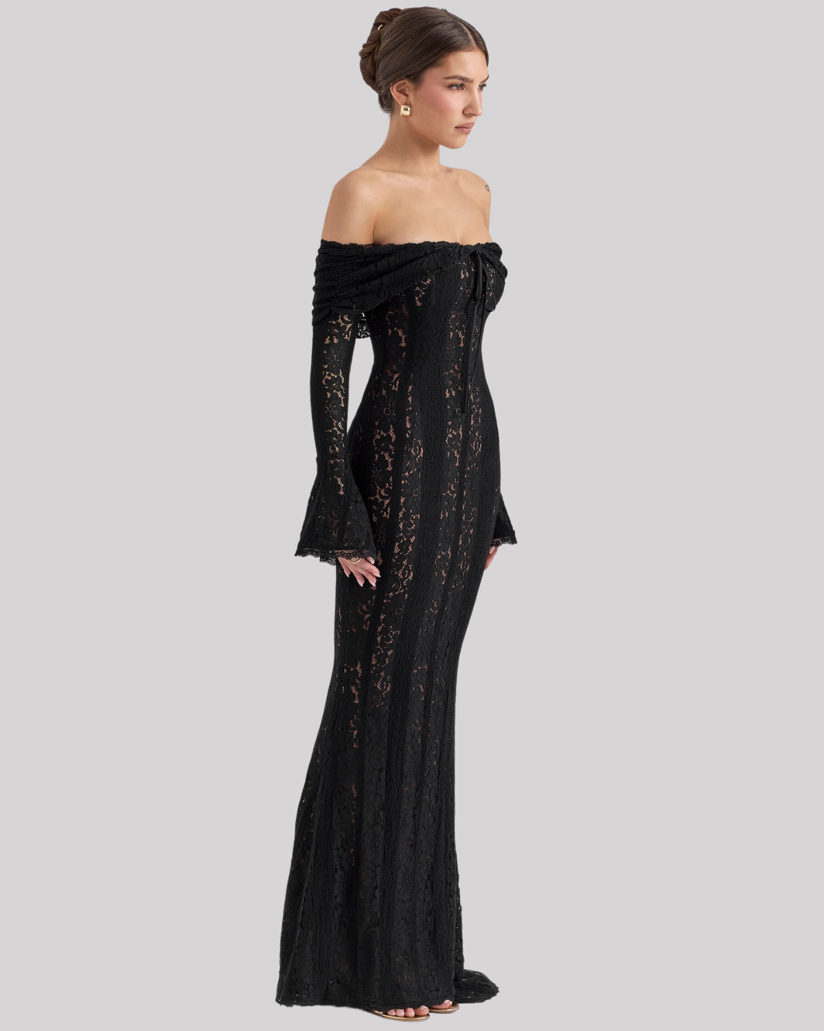 Lace Fitted Full-Length Maxi Dress with Off-Shoulder for Women