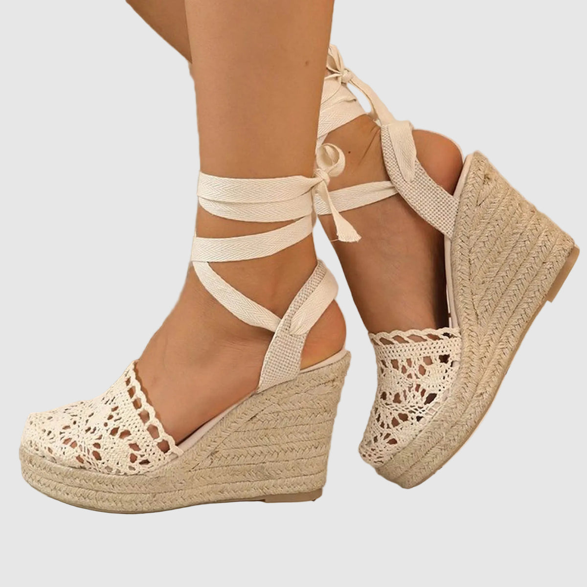 Crochet Wedge Sandals Open Toe Strappy Heeled Sandals for Women