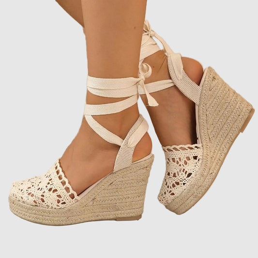 Crochet Wedge Sandals Open Toe Strappy Heeled Sandals for Women