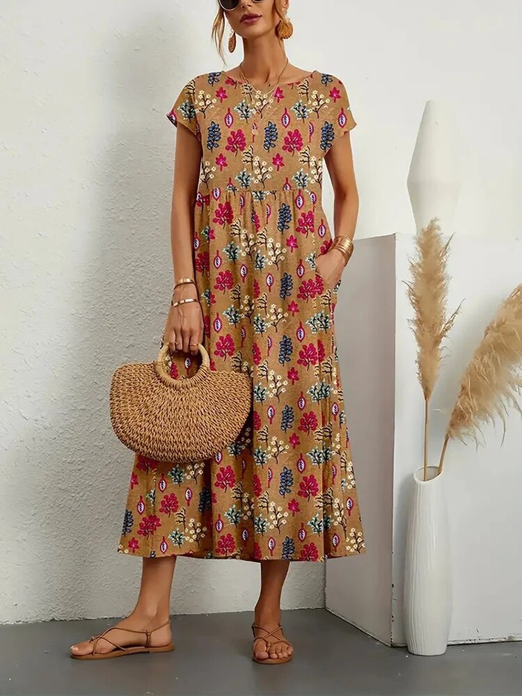 Floral A-Line Cotton Mix Dress Midi Summer Dress for Women