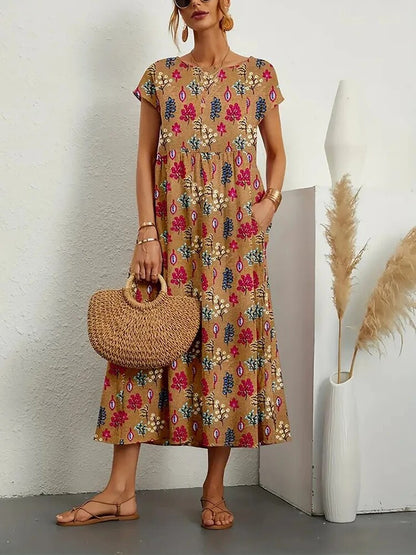 Floral A-Line Cotton Mix Dress Midi Summer Dress for Women