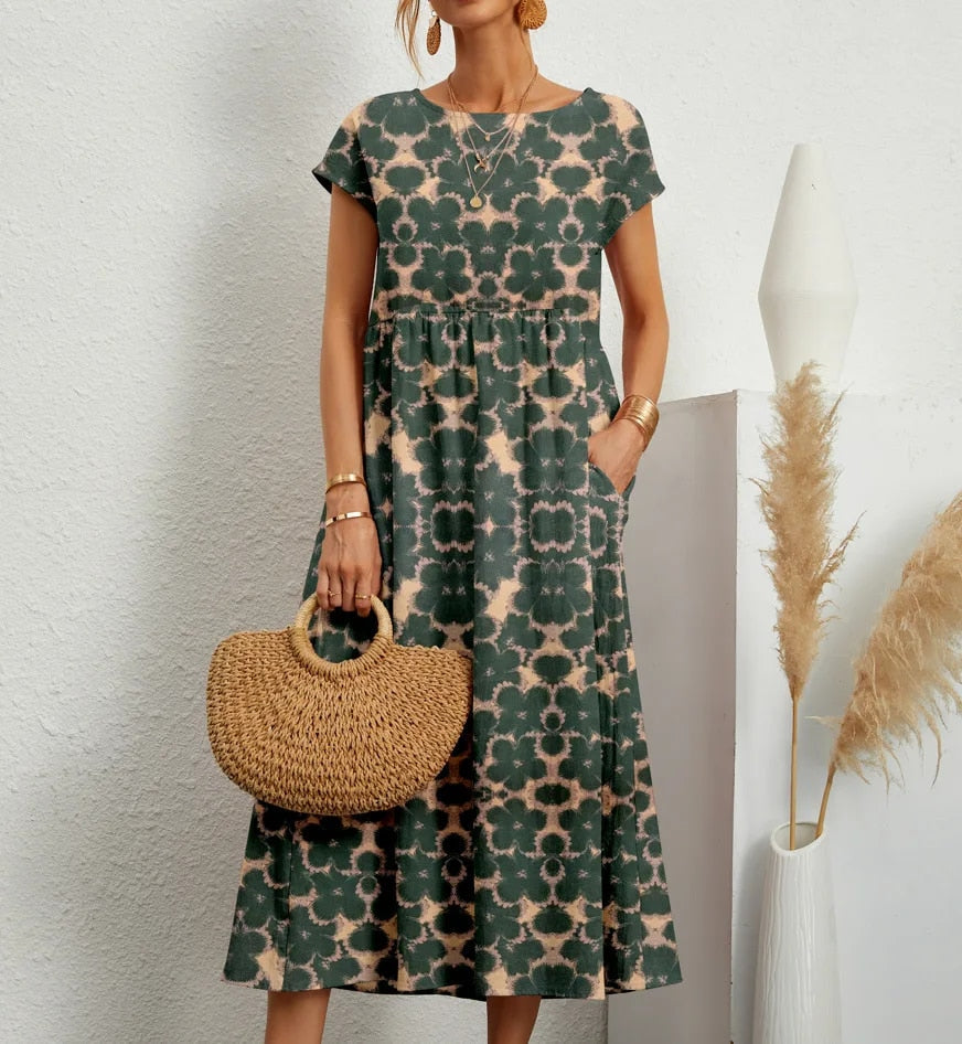 Floral A-Line Cotton Mix Dress Midi Summer Dress for Women