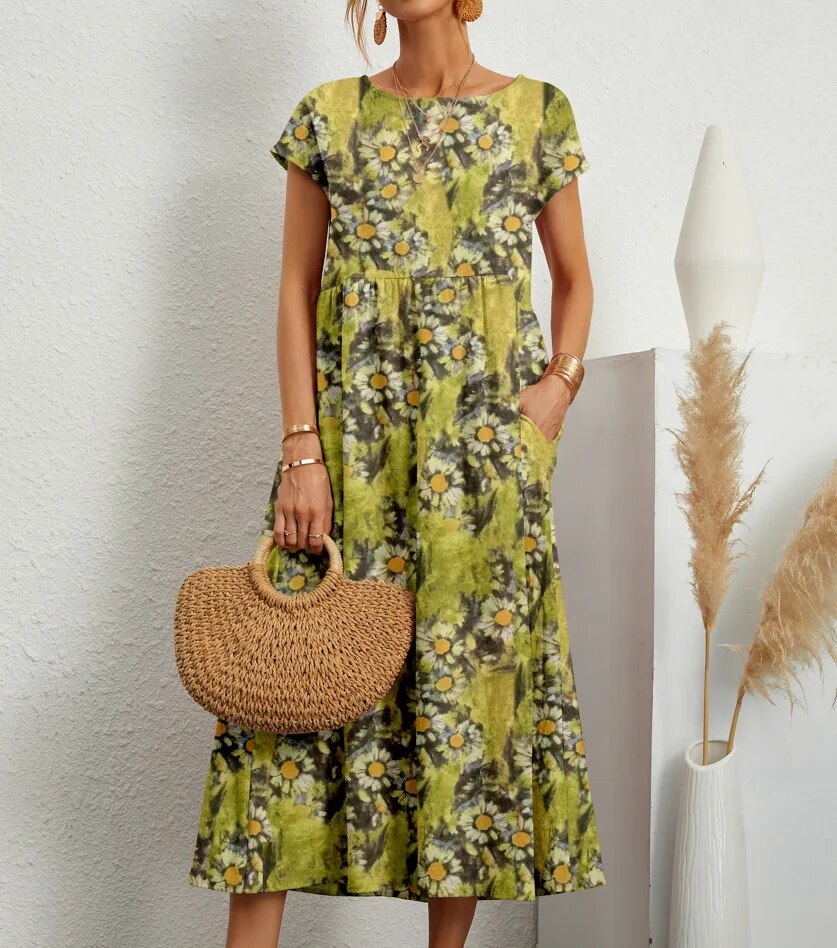 Floral A-Line Cotton Mix Dress Midi Summer Dress for Women