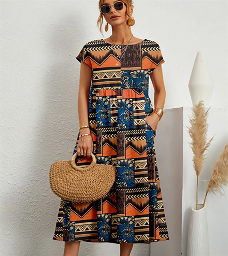 Floral A-Line Cotton Mix Dress Midi Summer Dress for Women