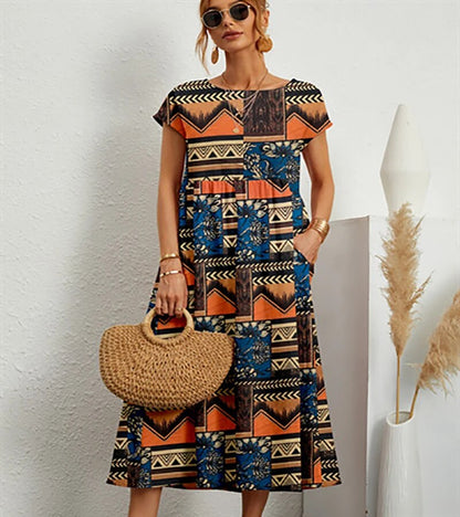 Floral A-Line Cotton Mix Dress Midi Summer Dress for Women