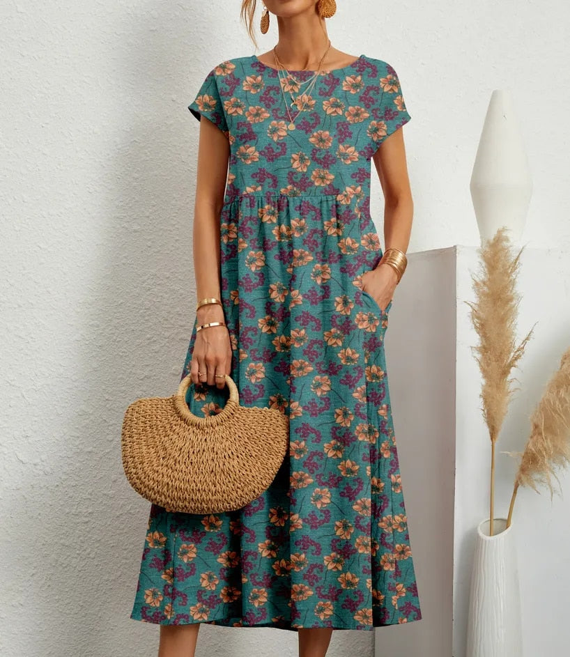 Floral A-Line Cotton Mix Dress Midi Summer Dress for Women