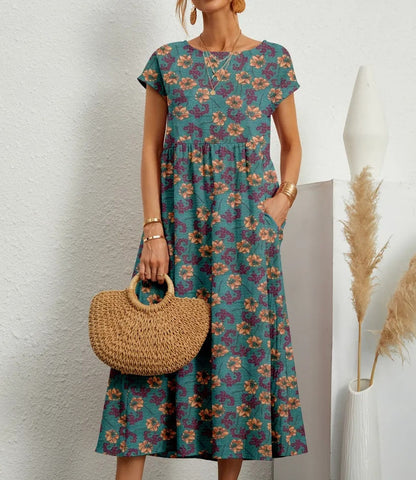 Floral A-Line Cotton Mix Dress Midi Summer Dress for Women