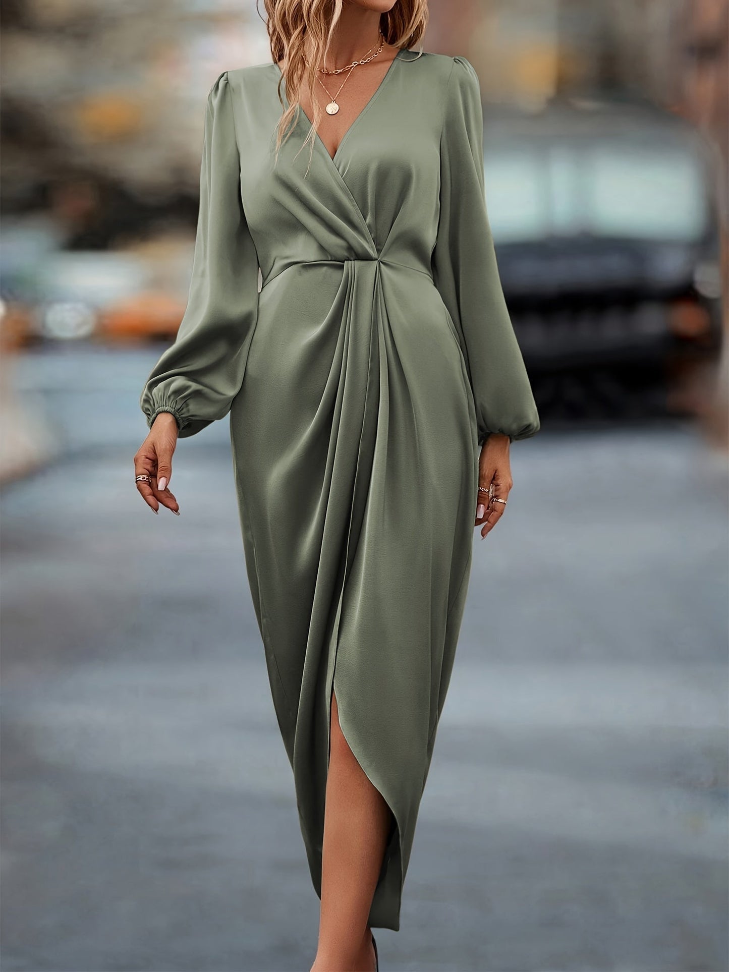 Wrap Long Sleeve Midi Dress for Women