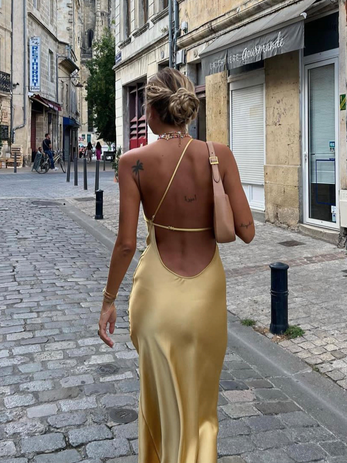 Satin Maxi Dress Open Back Slit Long Dress for Women