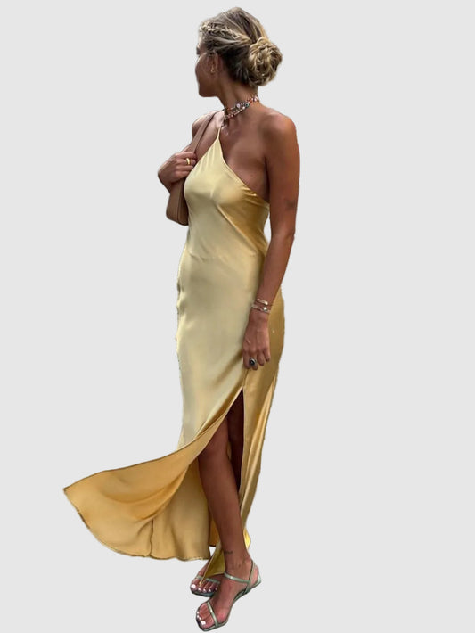 Satin Maxi Dress Open Back Slit Long Dress for Women