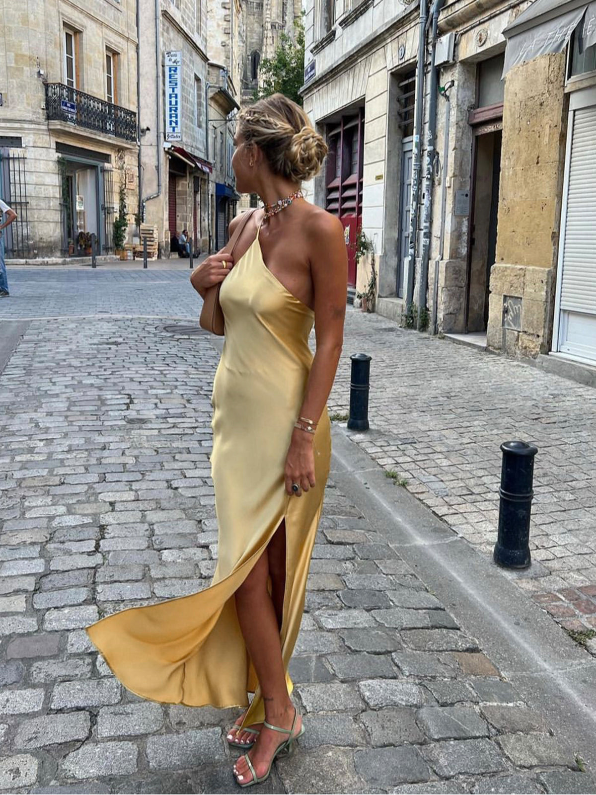 Satin Maxi Dress Open Back Slit Long Dress for Women