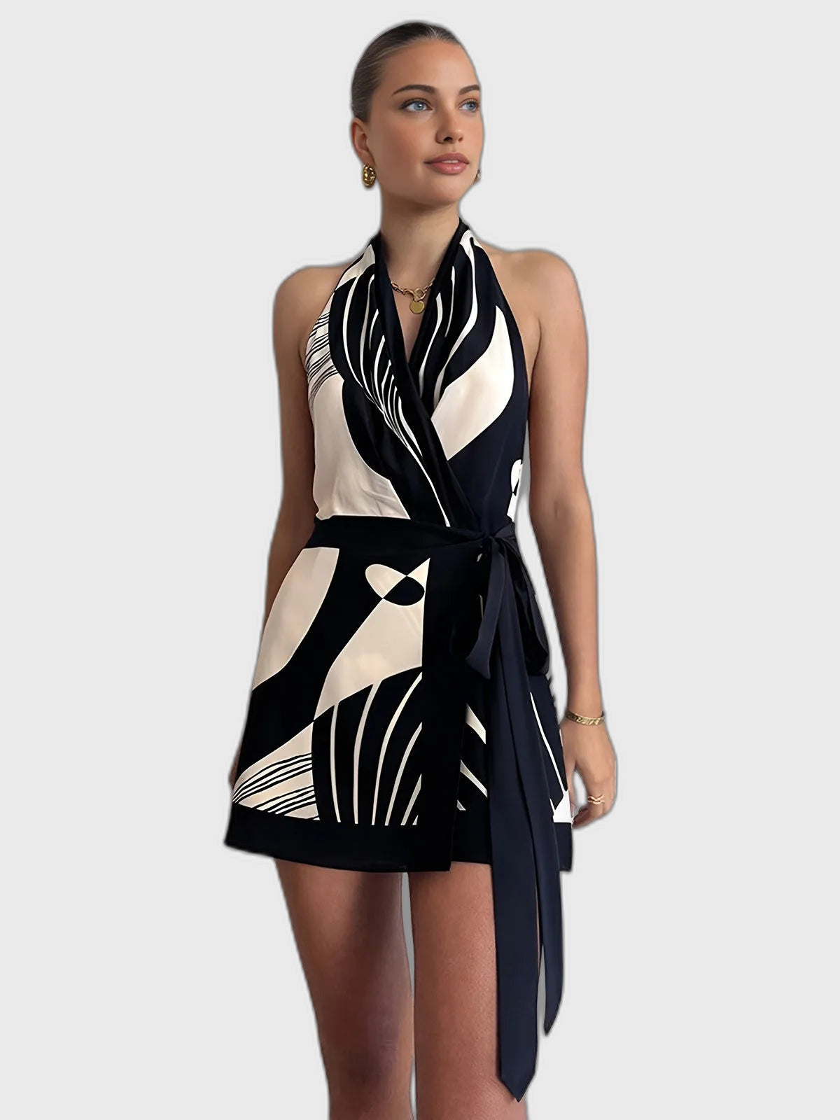 Satin Wrap Halter Neck Mini Dress for Women