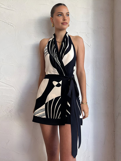 Satin Wrap Halter Neck Mini Dress for Women