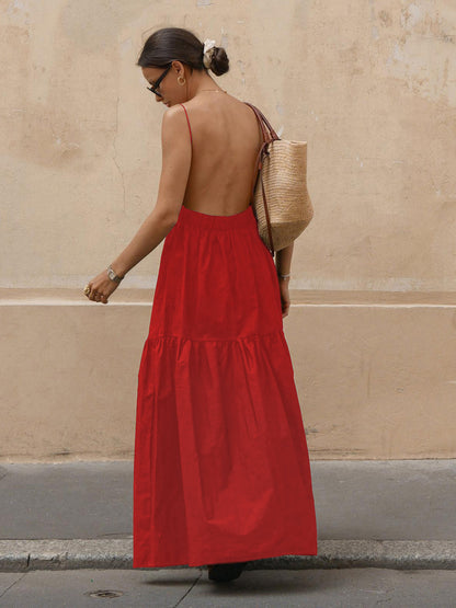 Backless Maxi Dress Long Solid Colour Sleeveless Dress for Women
