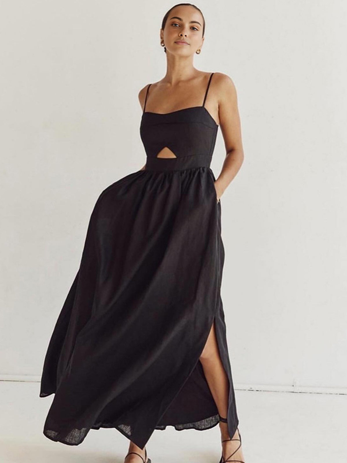 Cotton Sleeveless Cutout Maxi Dress with Pockets for women
