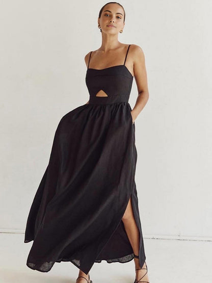 Cotton Sleeveless Cutout Maxi Dress with Pockets for women
