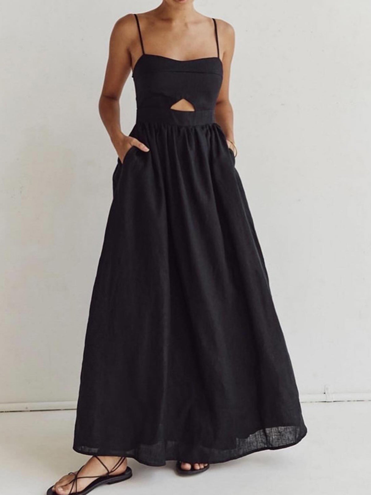 Cotton Sleeveless Cutout Maxi Dress with Pockets for women