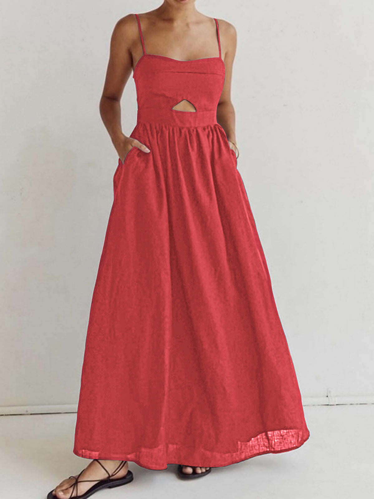 Cotton Sleeveless Cutout Maxi Dress with Pockets for women