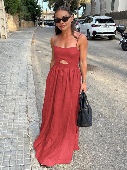 Cotton Sleeveless Cutout Maxi Dress with Pockets for women